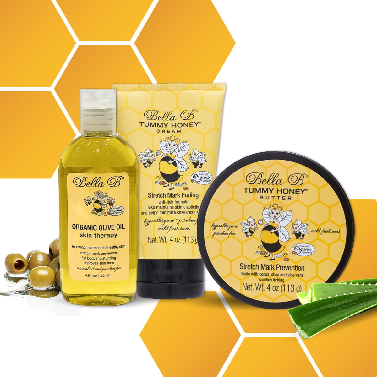 Bella B Gift Set - Tummy Honey Butter 4oz and Tummy Honey Cream 4oz and Organic Olive Oil Skin Therapy 4.5oz