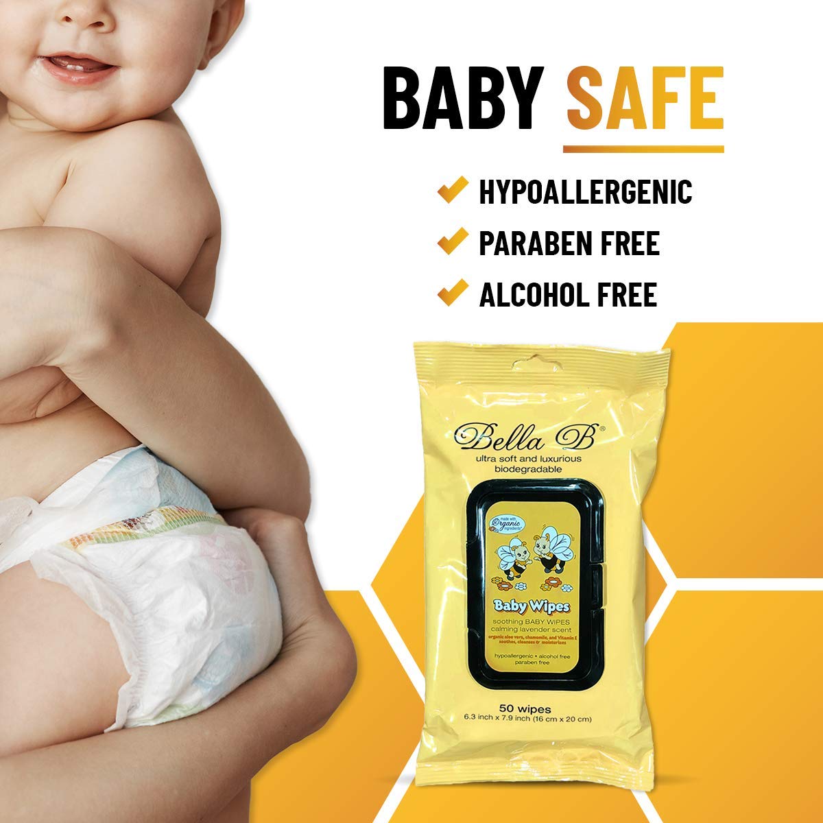 Baby wipes packaging with a child wearing a diaper