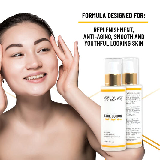 Woman holding face lotion with text about product benefits