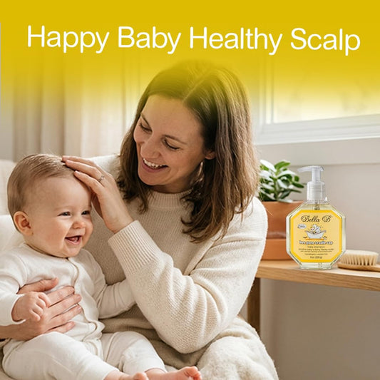 Woman and baby with a bottle of 'Happy Baby' product on a yellow background