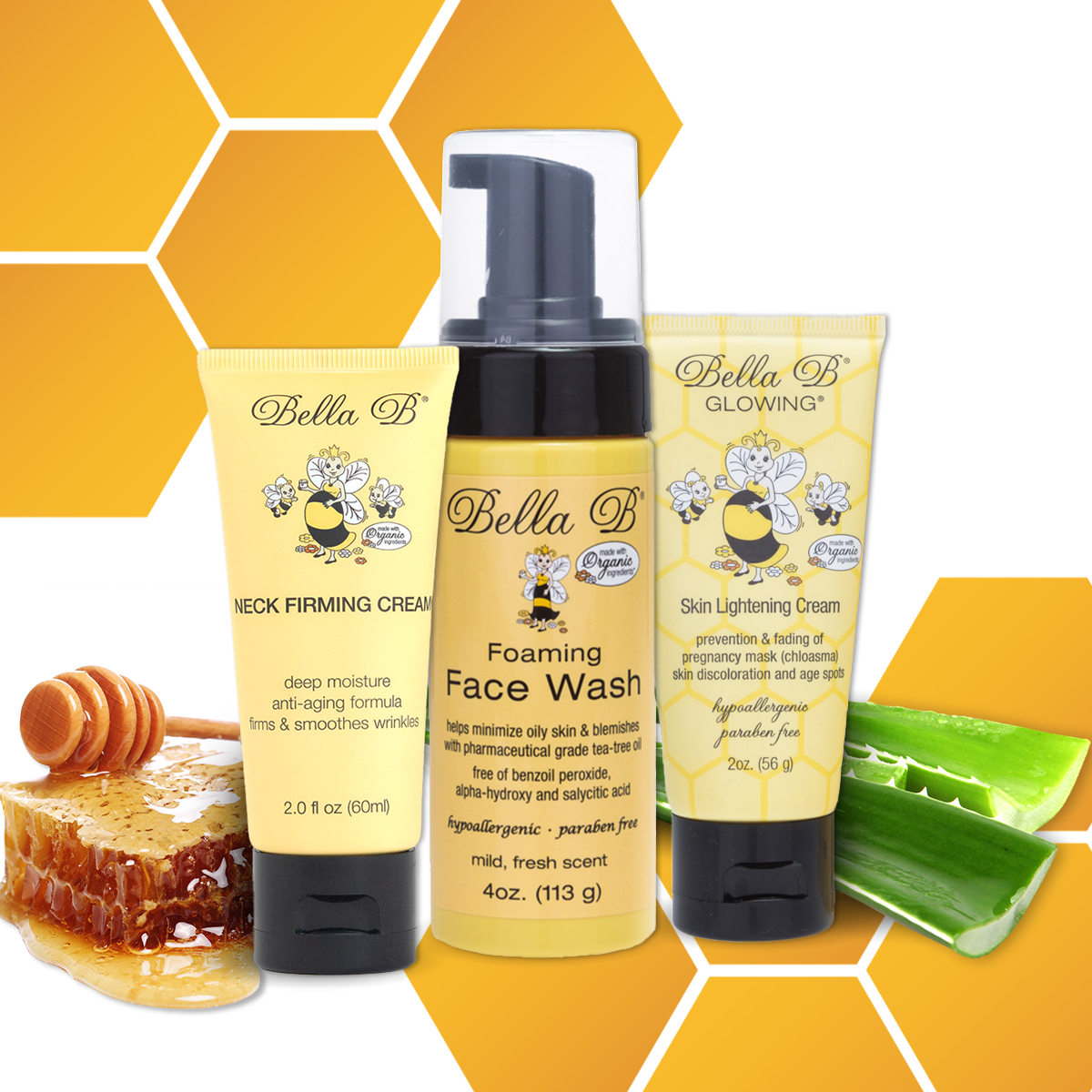 Bella B Bundle - Neck Firming Cream 2oz and Foaming Face Wash 4oz and Glowing Skin Lightener 2oz
