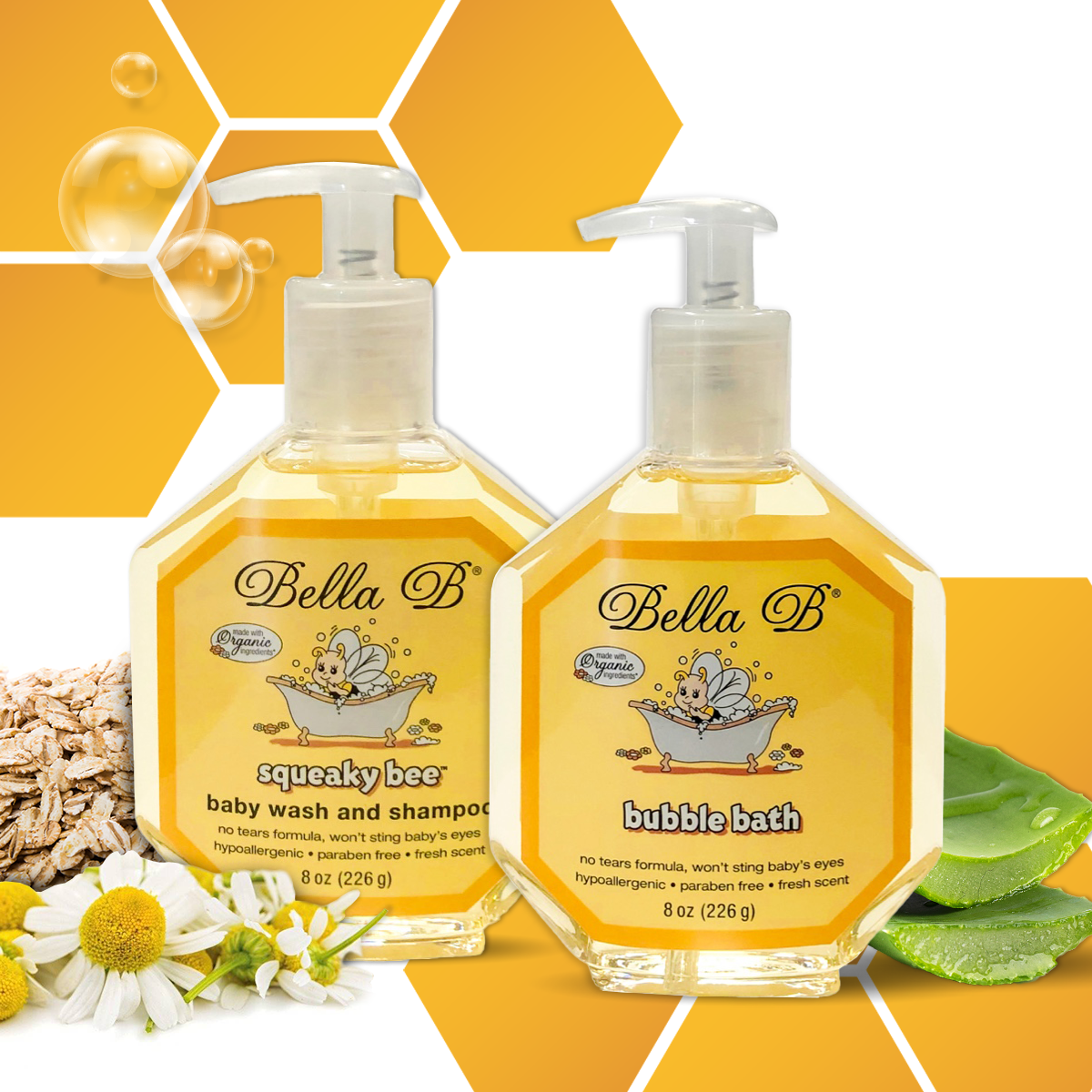 Bella B Gift Set - Squeaky Bee Baby Wash & Shampoo 8 oz and Bubble Bath 8 oz