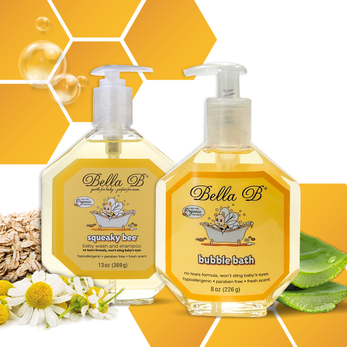 Bella B Gift Set - Squeaky Bee Baby Wash & Shampoo 13 oz and Bubble Bath 8 oz
