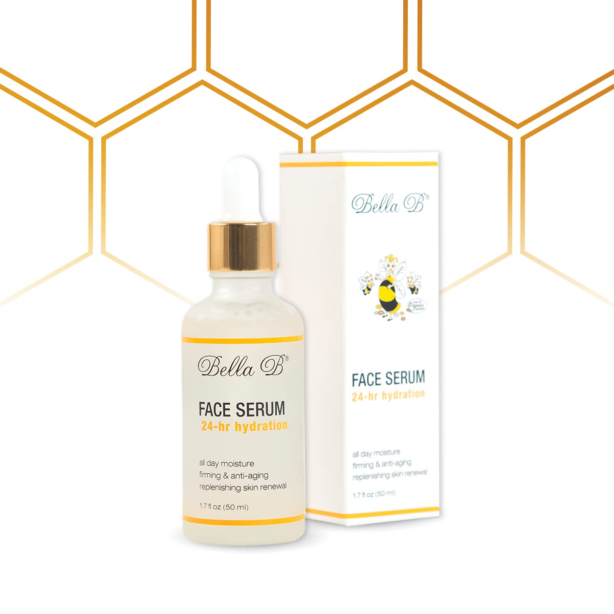 Bella B face serum bottle and packaging on a white background with gold geometric patterns.