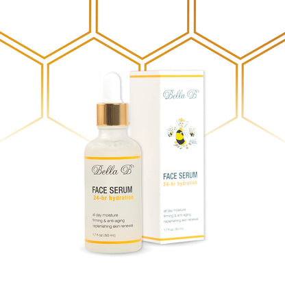 Bella B face serum bottle and packaging on a white background with gold geometric patterns.