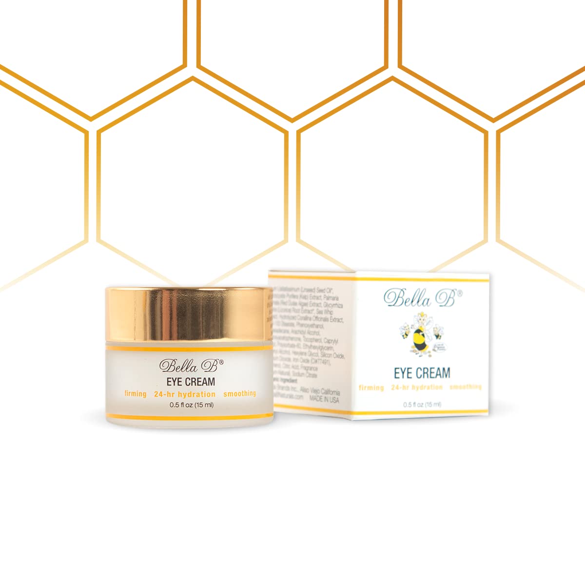 Bella B Eye Cream jar and packaging on a white background with gold hexagonal pattern