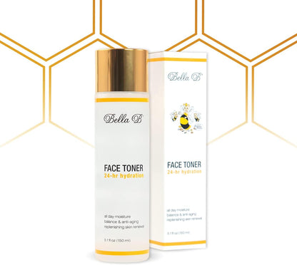 Two bottles of Bella B Face Toner on a white background with a gold geometric pattern.