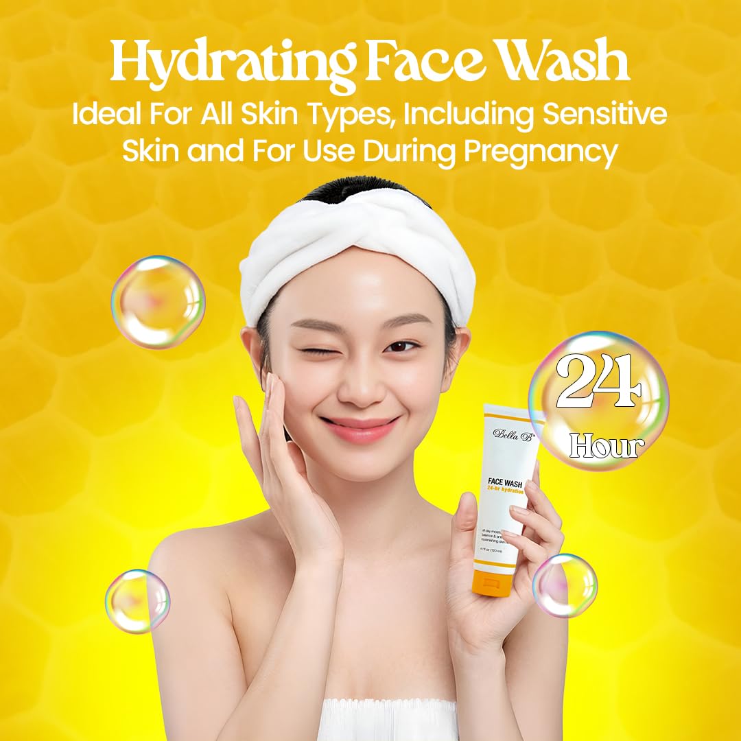 Woman holding a bottle of hydrating face wash with text on a yellow background