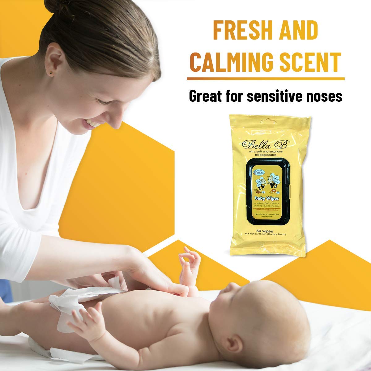 Woman applying wipes to a baby with Bella B wipes packaging displayed.