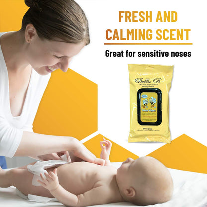 Woman applying wipes to a baby with Bella B wipes packaging displayed.