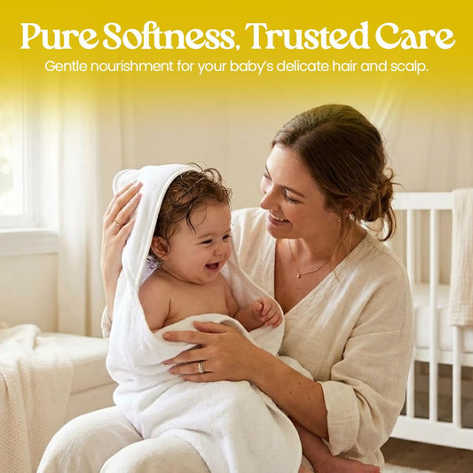 Woman holding a baby wrapped in a white towel with text about product benefits.