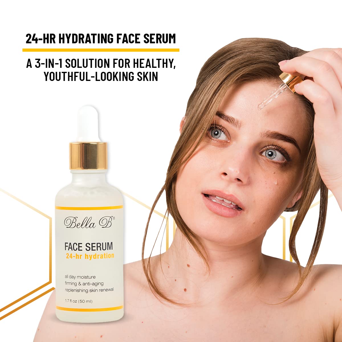 Bella B face serum bottle with a dropper and a woman applying it to her face 
