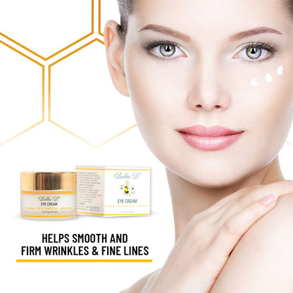 Woman's face with eye cream packaging and text about skincare benefits on a white background