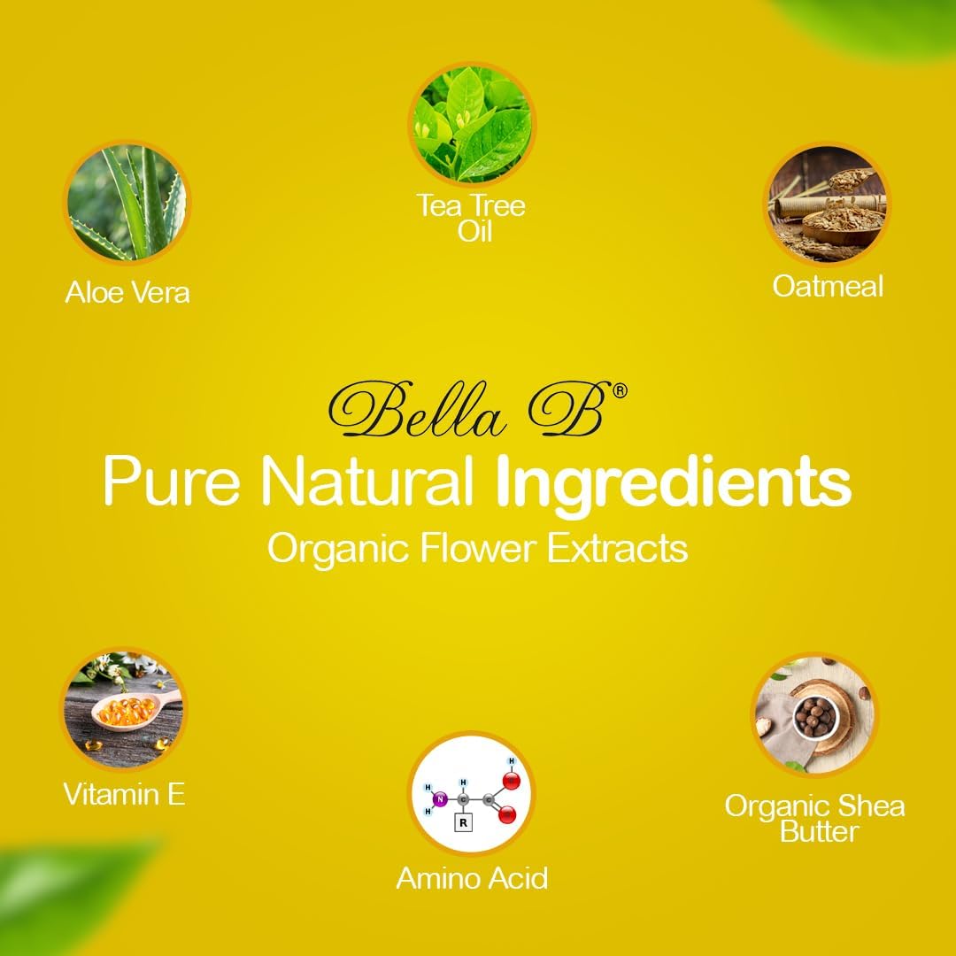 Bella B Pure Natural Ingredients packaging with images of aloe vera, tea tree oil, oatmeal, vitamin E, amino acid, and organic shea butter on a yellow background.