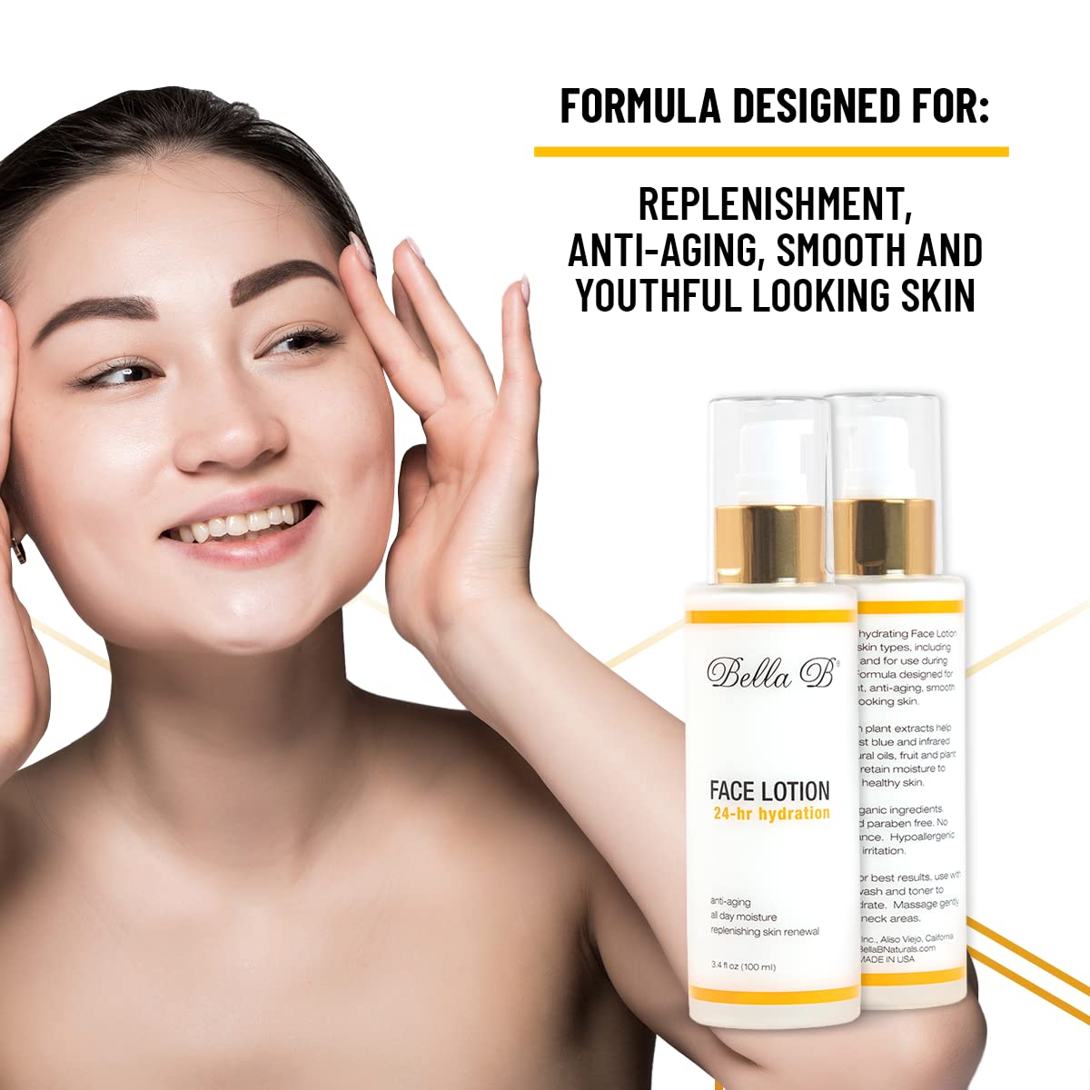 Woman holding face lotion with text about product benefits 