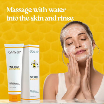 Woman applying face wash with Bella B products on a yellow background