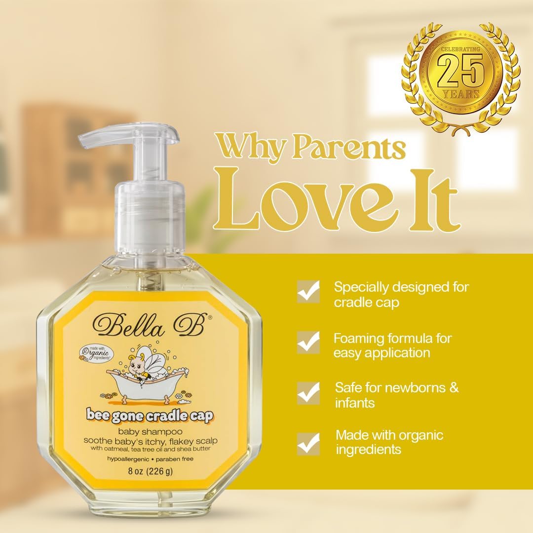 Bella B baby shampoo bottle with pump on a yellow background, featuring product benefits.