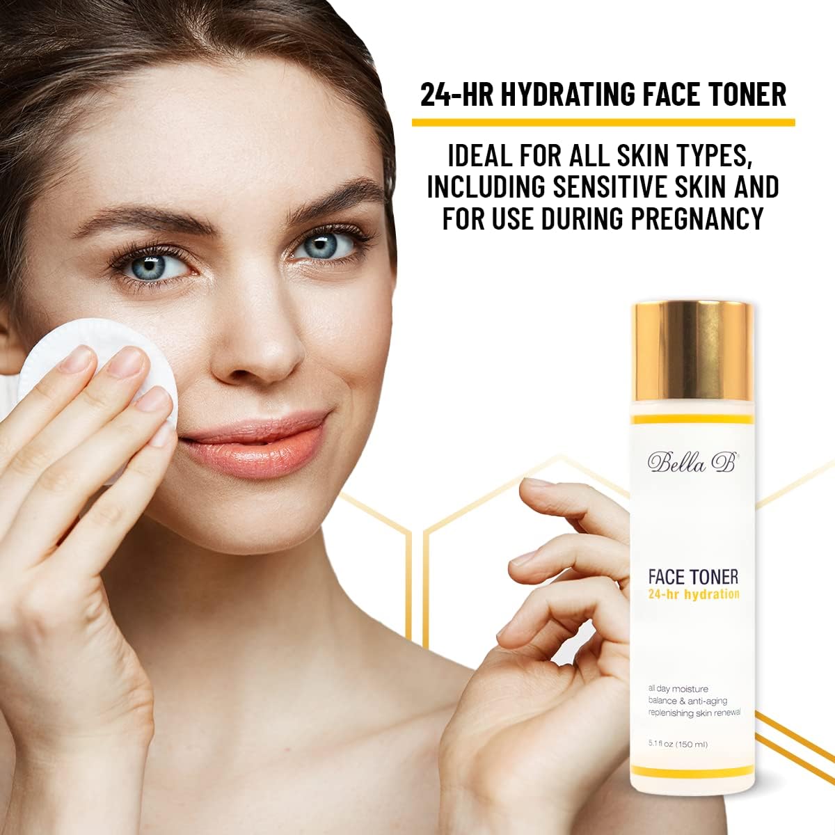 Woman applying toner with Bella B 24-Hour Hydrating Face Toner bottle displayed.