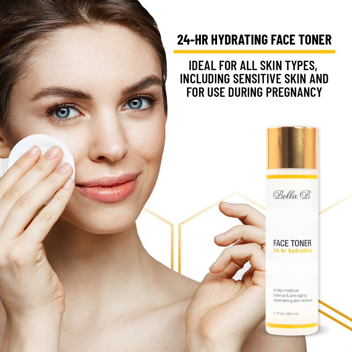 Woman applying toner with Bella B 24-Hour Hydrating Face Toner bottle displayed.