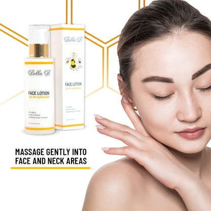 Bella B face lotion with packaging and a woman applying it to her face.