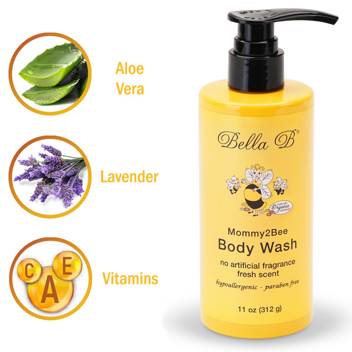 Yellow bottle of Bella B Mommy2Bee Body Wash with aloe vera, lavender, and vitamins CEA icons 