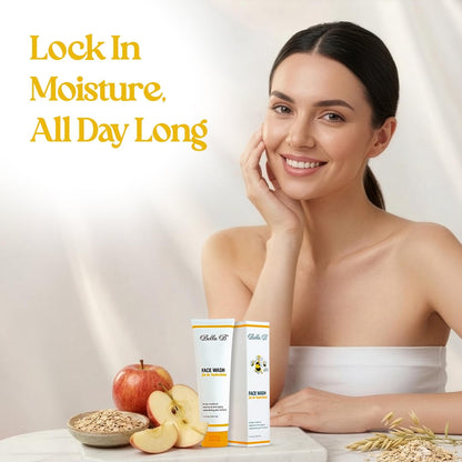 Woman with a towel around her neck next to two skincare products, apples, and a bowl of oats on a light background.