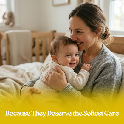 Woman holding a baby in a cozy room with text 'Because They Deserve the Softest Care'.