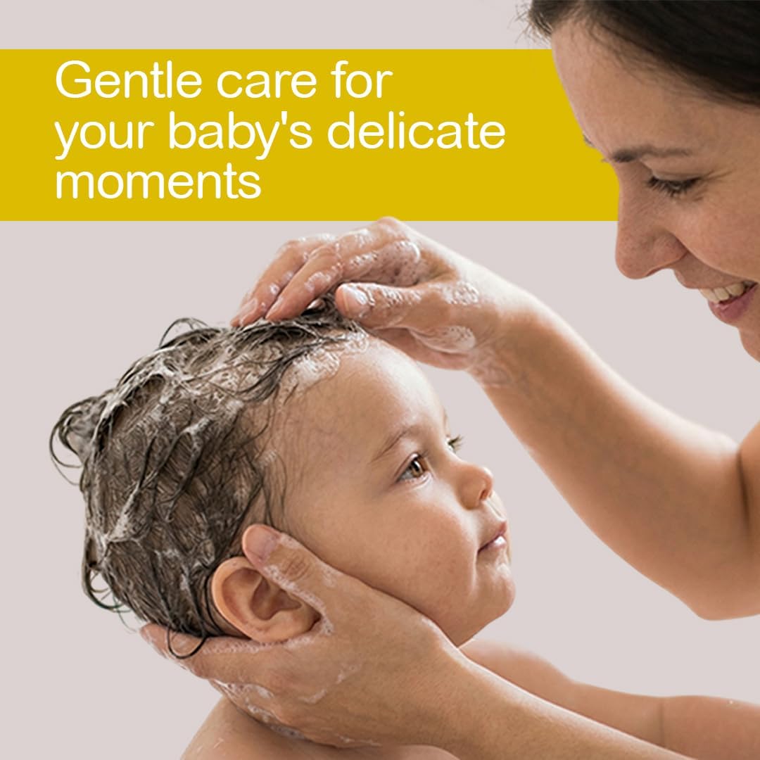 Woman washing a child's hair with text 'Gentle care for your baby's delicate moments' on a yellow background