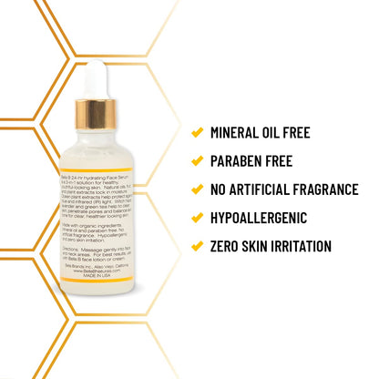 Skincare serum bottle with hexagonal pattern and product features listed 