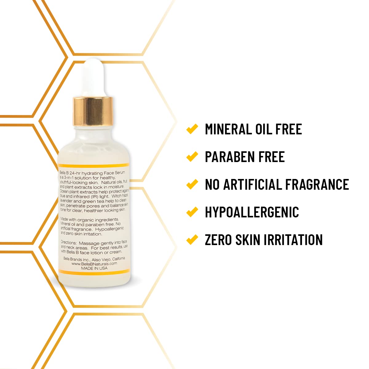 Skincare serum bottle with hexagonal pattern and product features 