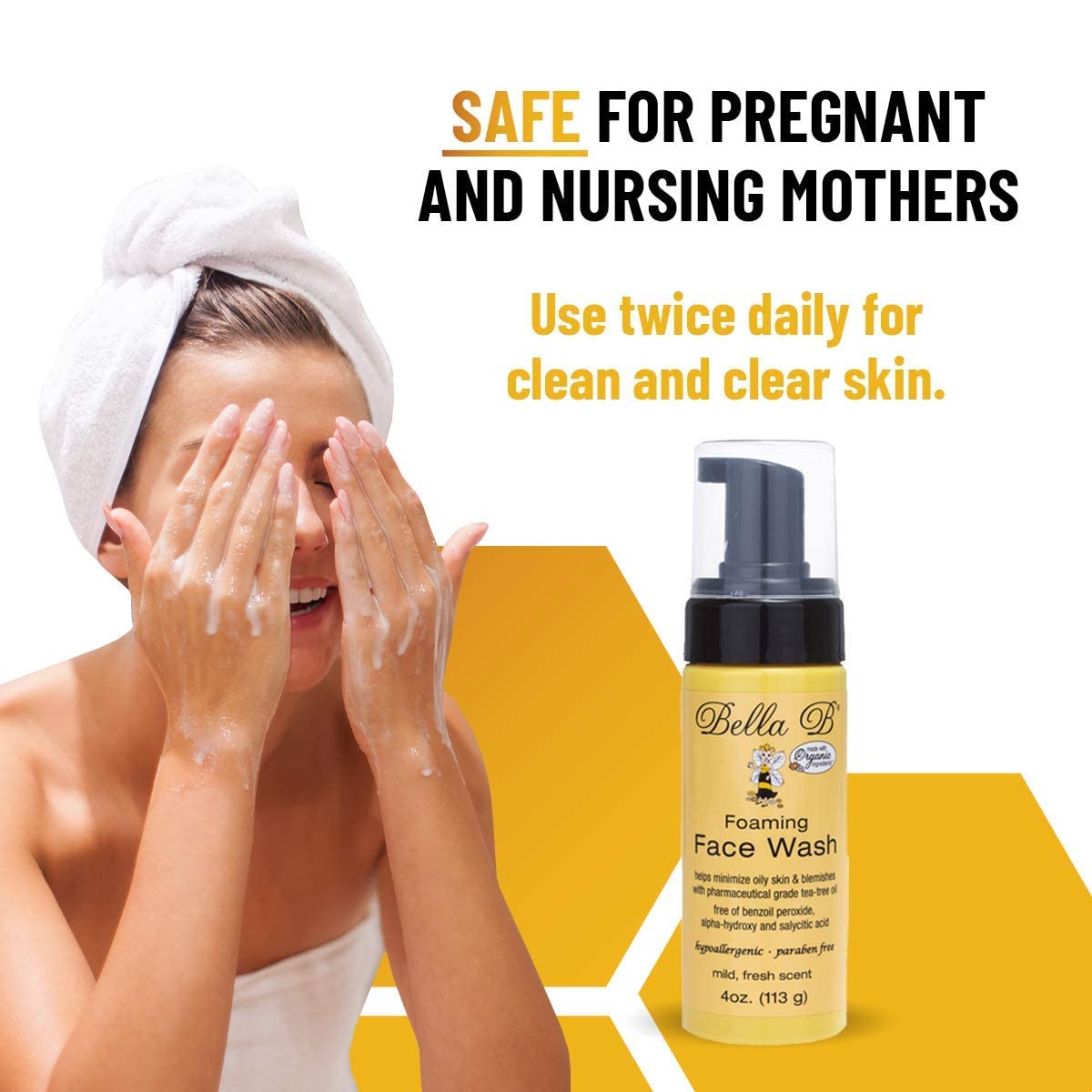 Woman washing her face with Bella B Foaming Face Wash and text about its safety for pregnant and nursing mothers.