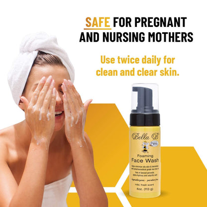 Woman washing her face with Bella B Foaming Face Wash and text about its safety for pregnant and nursing mothers.