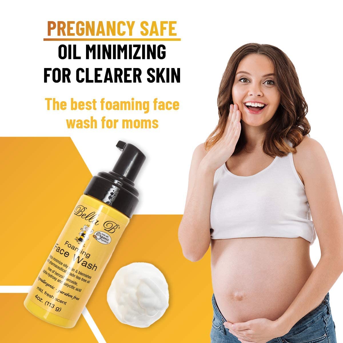Pregnancy-safe oil minimizing face wash for moms with a woman holding her face and a bottle of the product.
