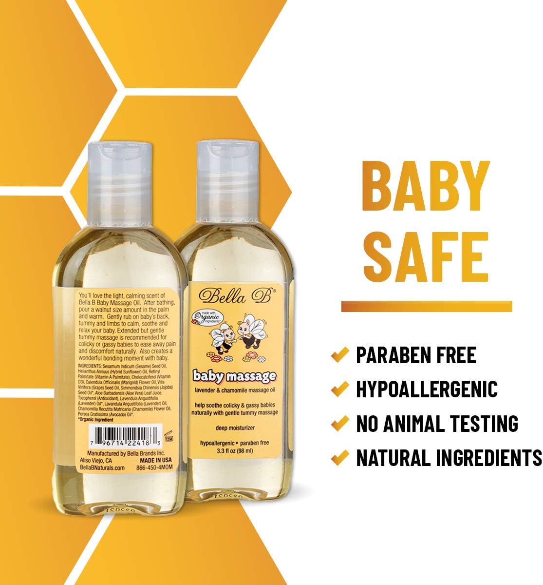 Two bottles of Bella B baby massage oil with product 
