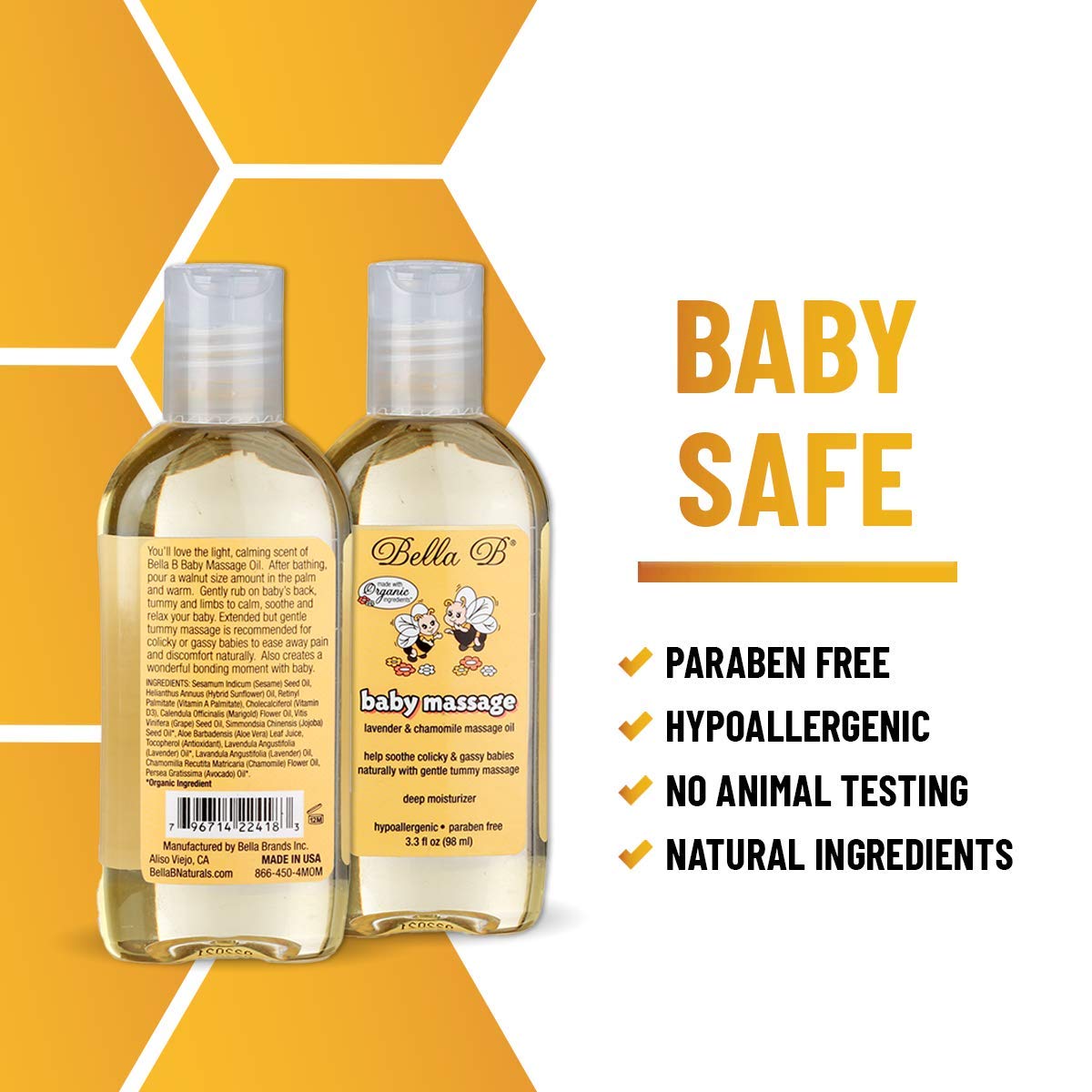 Two bottles of Bella B baby massage oil with product details 