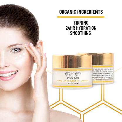 Woman applying eye cream with Bella B. Eye Cream jar and packaging on a white background