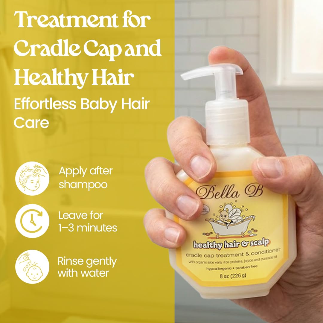 Bella B healthy hair & scalp treatment bottle held by a hand with text about cradle cap and healthy hair care.