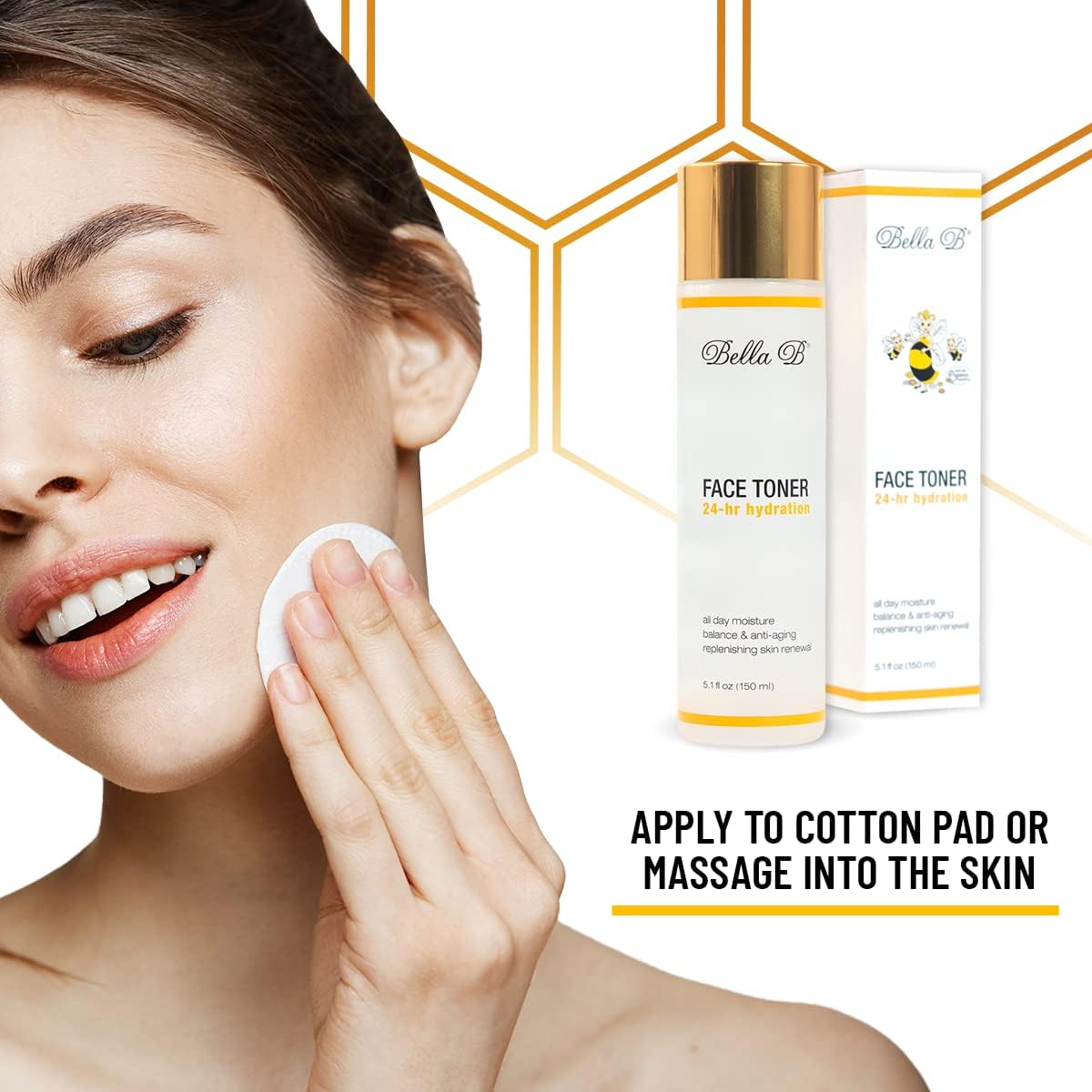 Woman applying face toner with product packaging displayed on a white background