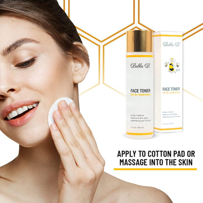 Woman applying face toner with product packaging displayed on a white background