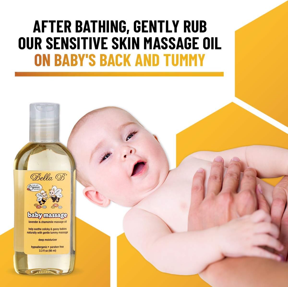 Baby massage oil bottle with a baby 