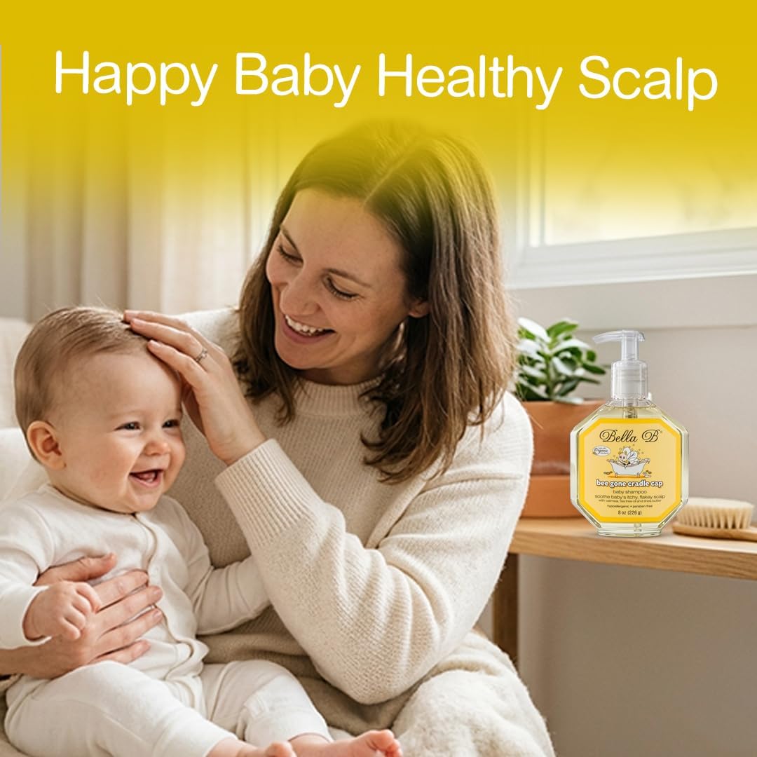 Woman and baby with a bottle of 'Happy Baby' product on a yellow background