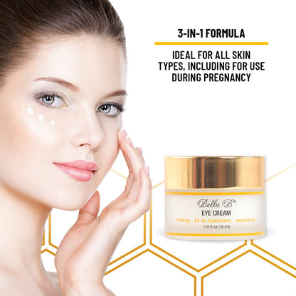 Woman applying eye cream with Bella L. Eye Cream jar on a white background