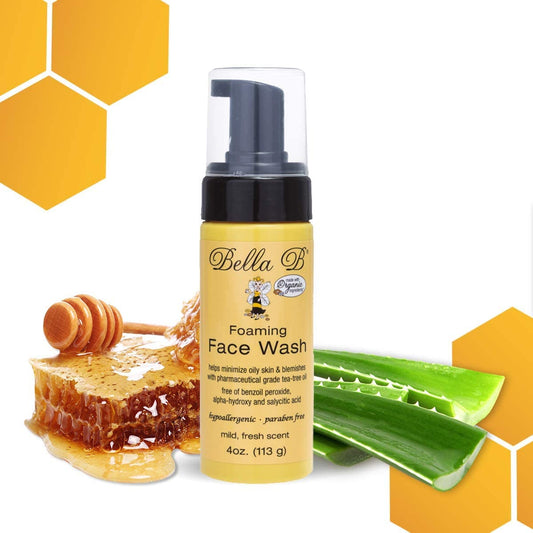 Bella B Foaming Face Wash bottle with honeycomb, honey, and aloe vera leaves 
