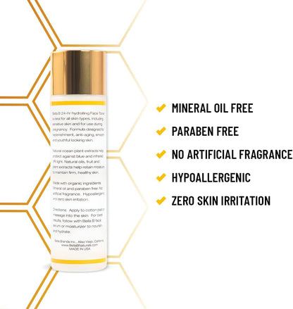 Skincare product with hexagonal design and text highlighting features on a white background