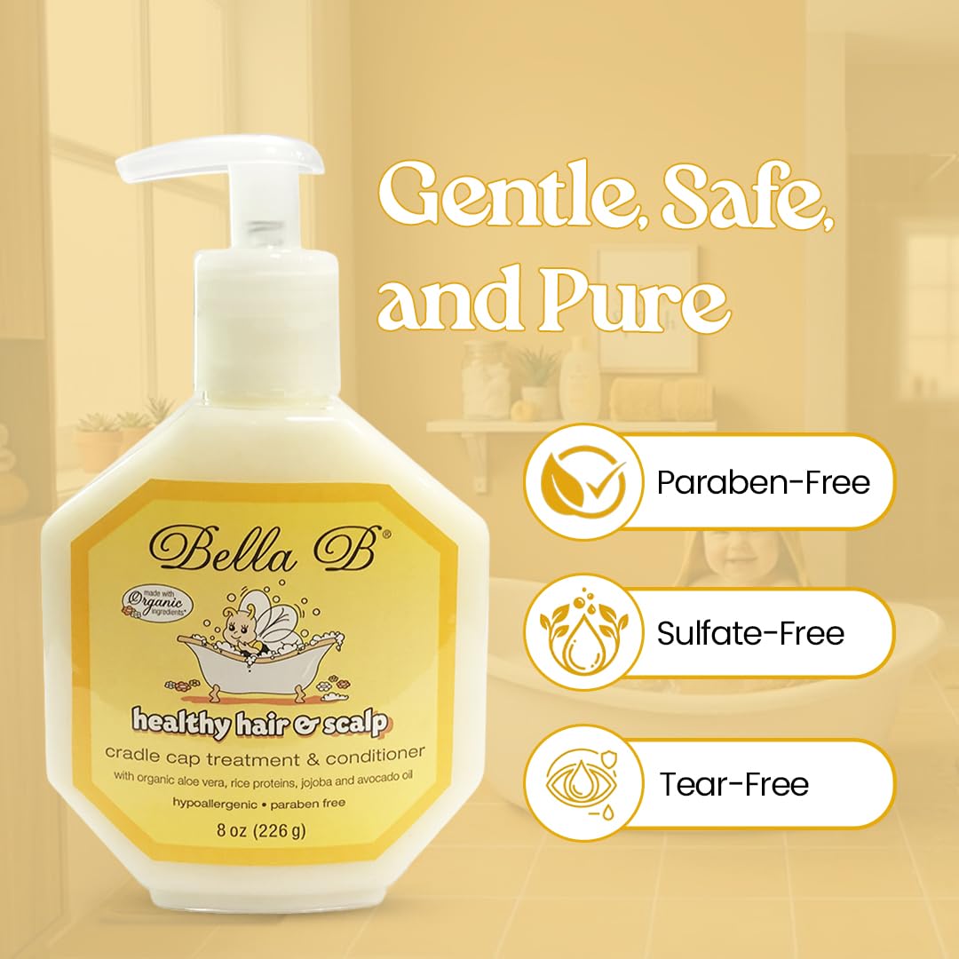 Bella B healthy hair & scalp cradle cap treatment & conditioner bottle with features 