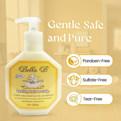 Bella B healthy hair & scalp cradle cap treatment & conditioner bottle with features 