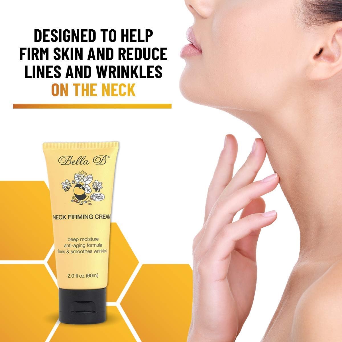 Bella B neck firming cream with a woman touching her neck 