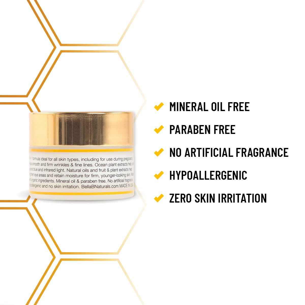 Cosmetic jar with gold lid on a white background, featuring text about product benefits.