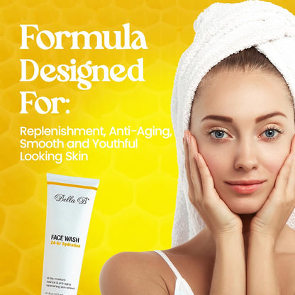 Woman with a towel on her head next to a Bella B face wash tube on a yellow background
