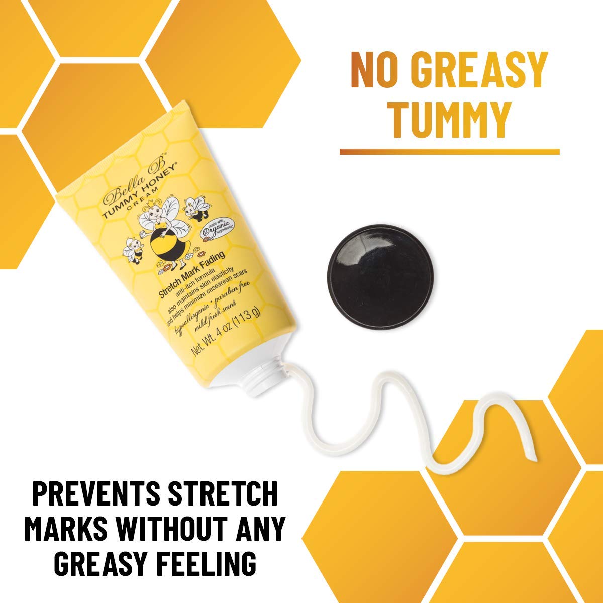 Bee & Honey stretch mark cream with text on a yellow hexagonal pattern 